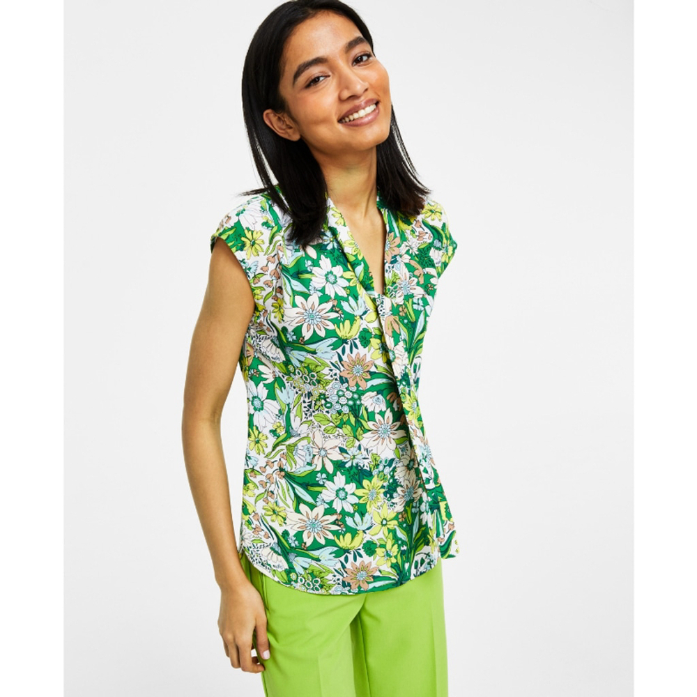 Bar III Women's Size XXS Vibrant Green Floral Sleeveless Tie-Neck Top NWT